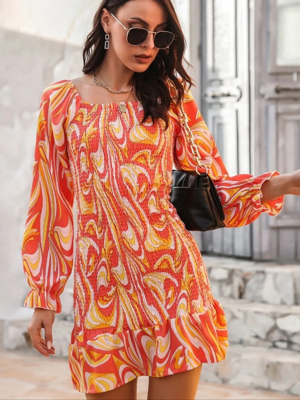 Orange Abstract Print Smocked Dress